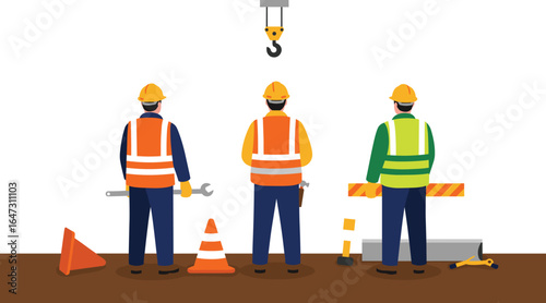 Construction workers in safety gear, reflective vests, hard hats, holding tools and equipment at building site, teamwork, flat vector illustration