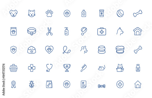 Editable pets icon set featuring dogs and cats with veterinary tools, vaccines, food, trimming, shampoo, toys, first aid kit, doghouse, health care, animal dishes, profiles, and more.