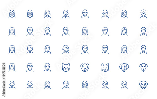Avatar line icons of people and pets, editable stroke vector illustration, modern character symbols for users, animals, profile, pet care, social media, communication, identity and more.