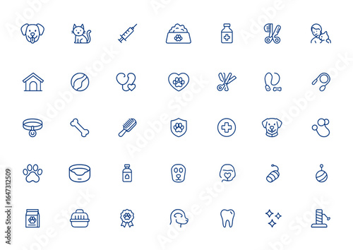 Editable pet icons set dogs and cats, including veterinary syringe, vaccine, food bowl, shampoo, first aid kit, doghouse, toy, trimming tools, health, animal care vector pictograms and more.
