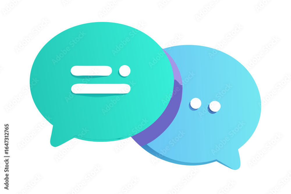 Fototapeta premium Two overlapping speech bubbles, teal and light blue, representing communication. 