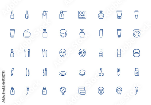 Editable stroke vector illustration of makeup and cosmetics line icons for beauty, skincare, fashion, tools, brushes, cosmetic products, beauty care, personal grooming, style, glamour and more.