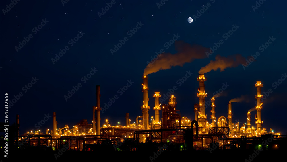 Fototapeta premium An industrial complex illuminated at night, with smokestacks releasing emissions and a moon and stars in the sky