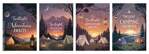 Scenic twilight camping scenes with lanterns, tents, and a serene landscape of trees and mountains.