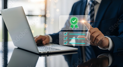 Wallpaper Mural Businessman Touching Digital Approval Badge with Verified Checklist Interface Display Torontodigital.ca