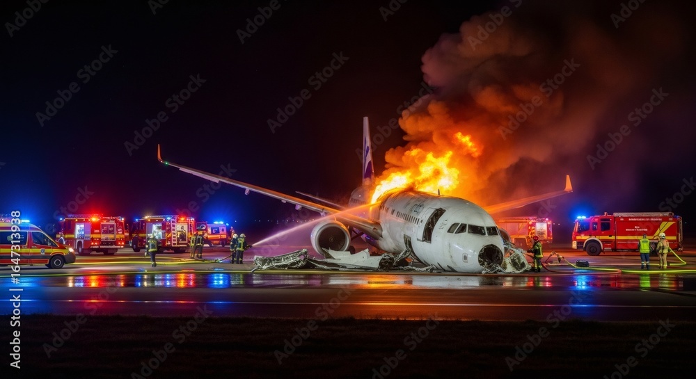 Naklejka premium Airplane aircraft emergency simulation with firefighters, emergency service, and fire trucks on tarmac at night. Crisis response training concept.