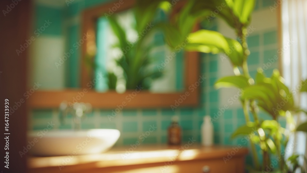 Fototapeta premium A blurry image of a bathroom with a vessel sink, mirror, green tiles, and lush plants.