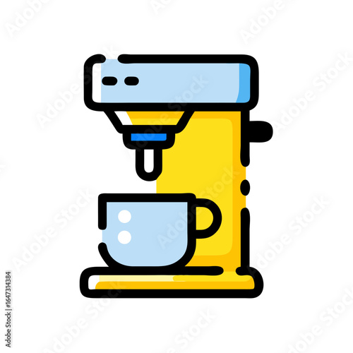 Yellow coffee machine dispensing coffee into a cup.
