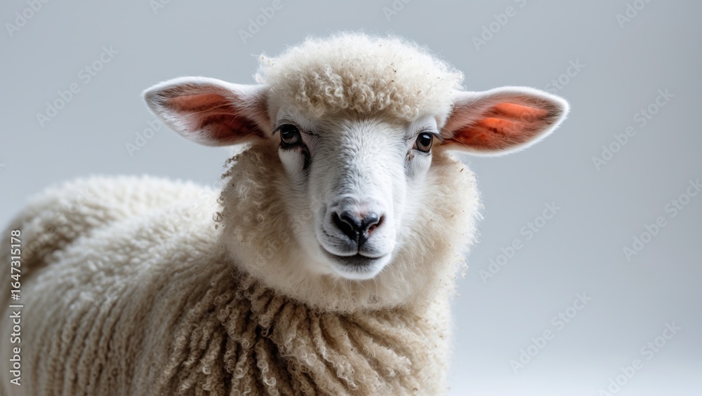 Fototapeta premium Sheep with fluffy wool and gentle expression. Farm animal and livestock. Close-up of a sheep's face.