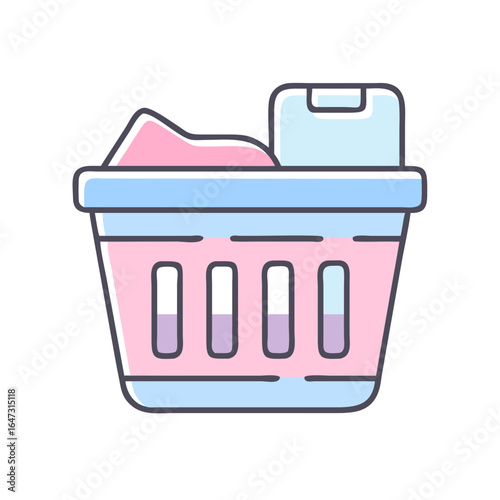 Pink laundry basket filled with clothes.
