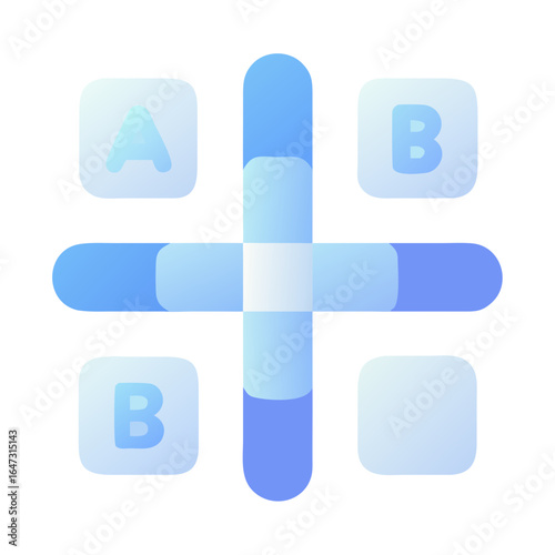 A light blue plus sign, with lettered squares.
