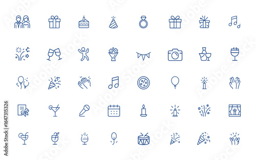 Editable celebration line icons: wedding, birthday, party, award, engagement, gift, victory, cake, bouquet, garland, toast, dancing, fireworks, music, food, event, festive, vector and more.