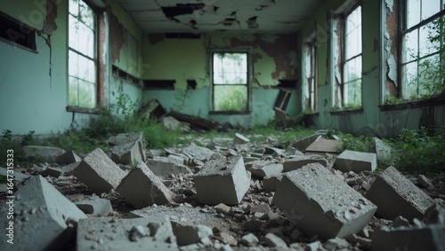 Abandoned building with debris and broken concrete inside, overgrown and deteriorated interior, windows with broken glass, neglected environment.
