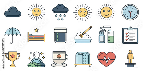 Mental Health and Wellness Icon Collection with Self-Care, Therapy, Mindfulness, and Support Symbols