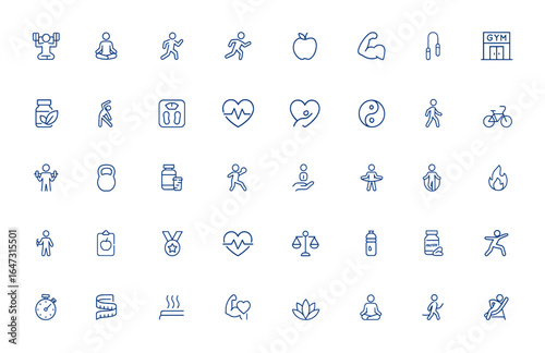 Editable diet and fitness icon pack featuring exercise, yoga, running, muscle training, swimming, weight loss, health, gym, supplements, stretching, heart rate, skipping, and wellness icons and more.
