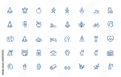 Editable wellness and health icon collection featuring yoga, exercise, diet, running, walking, massage, reflexology, herbal tea, spa, cycling, swimming, supplements, muscles and more.