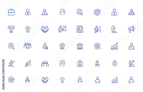 Editable career development line icons for business, employment, recruitment, leadership, skill growth, corporate success, training, job hunting, manpower, achievement, marketing and more.