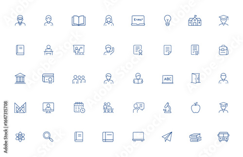 Editable line icons of education and school teacher symbols for learning, teaching, classroom, knowledge, student, training, academic, lesson, tutor, study, school, vector illustration and more.