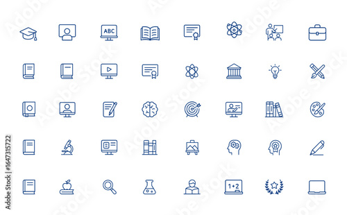 Editable stroke education icon set, line vector illustration for school, study, teacher, student, e-learning, university, classroom, lesson, diploma, lecture, notebook, science, library and more.