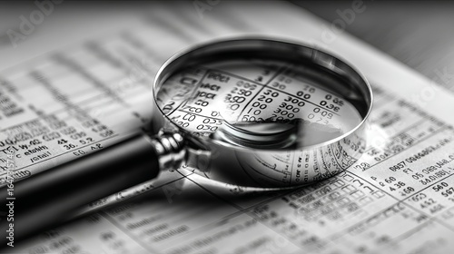 A close-up of a magnifying glass over a detailed financial report in grayscale.