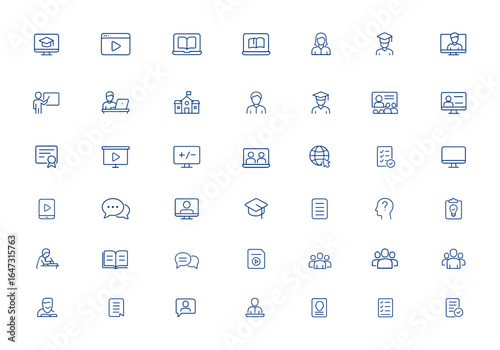 Editable online education icon set for e-learning, training, study, teacher, school, student, qualification, lecturer, video call, cyberspace, personal computer, tablet, chat, vector illustration