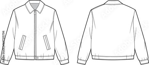 Men’s casual bomber jacket flat sketch, zip front, long sleeves, ribbed cuffs and hem, collar detail, fashion design template, outerwear illustration, CAD apparel flat vector illustration