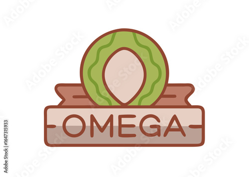 Green watermelon emblem, omega symbol, award ribbon.
