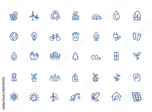 Environmental ecology icon set: solar panel, wind power, recycling, air pollution, electric car, global warming, reuse, forest, earth, green energy, bike, garbage bin, bulb and more.