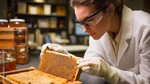 Female scientist examining honeycomb in a laboratory setting with focus and curiosity.