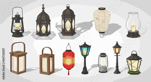 An assortment of various lanterns including oil lanterns and paper lanterns are displayed here nicely