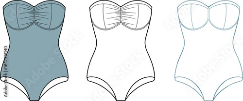 Women’s strapless bandeau one-piece swimsuit technical fashion flat front view, ruched bust, sweetheart neckline, swimwear design, beachwear template, CAD apparel flat vector illustration