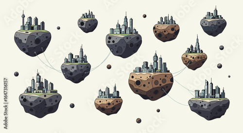 Floating islands with cities connected by lines in a whimsical cartoon style illustration art piece