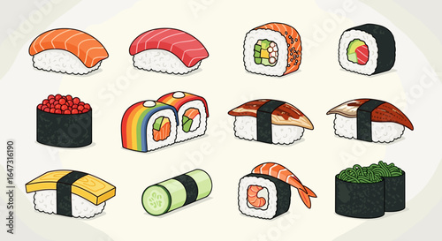 Illustration of a variety of sushi rolls and nigiri pieces arranged on a light background color palette