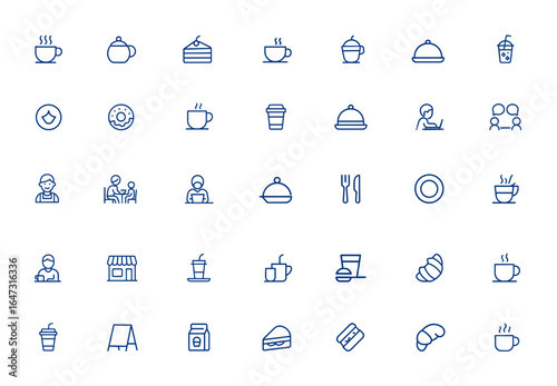 Cafe line icon set featuring coffee, tea, cake, espresso, cappuccino, iced coffee, tea cup, donut, mug, take-out, meal, food, staff, meeting, business, study, conversation, drink, eatery and more.