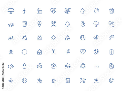 Editable vector icon set focused on ecology, environmental issues, recycling, renewable energy, and social topics. Includes solar panel, wind power, air pollution, electric car, garbage bin and more.