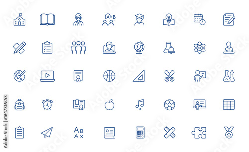 Editable school and education icon set for study, training, learning, teachers, students, exams, graduation, stationery, classroom, music, sports, online classes, timetable, chemistry, art, and more.