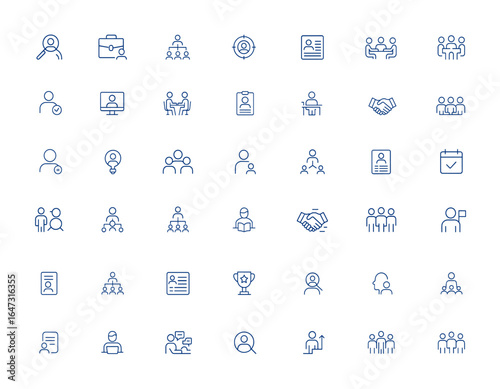 Editable recruitment and hiring icon set for headhunting, employment, career, manpower, corporate hiring, interviews, contracts, team management, resume, office work, success and more.