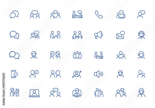 Conversation and talking icon set – editable speech, discussion, meeting, call, chat, communication, dialogue, teamwork, consultation, announcement, message, support, operator, client and more.