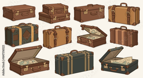 Illustration of multiple vintage suitcases in various styles and arrangements on a white background