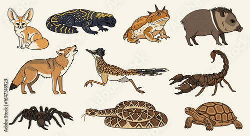 Illustration featuring a diverse collection of desert animals including mammals reptiles and arthropods
