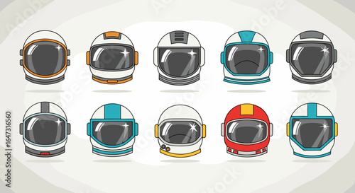 Collection of ten astronaut helmets in various designs and colors arranged in two rows on light background