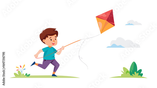 Child runs, kite flies high in the sky. Joyful outdoor fun.
