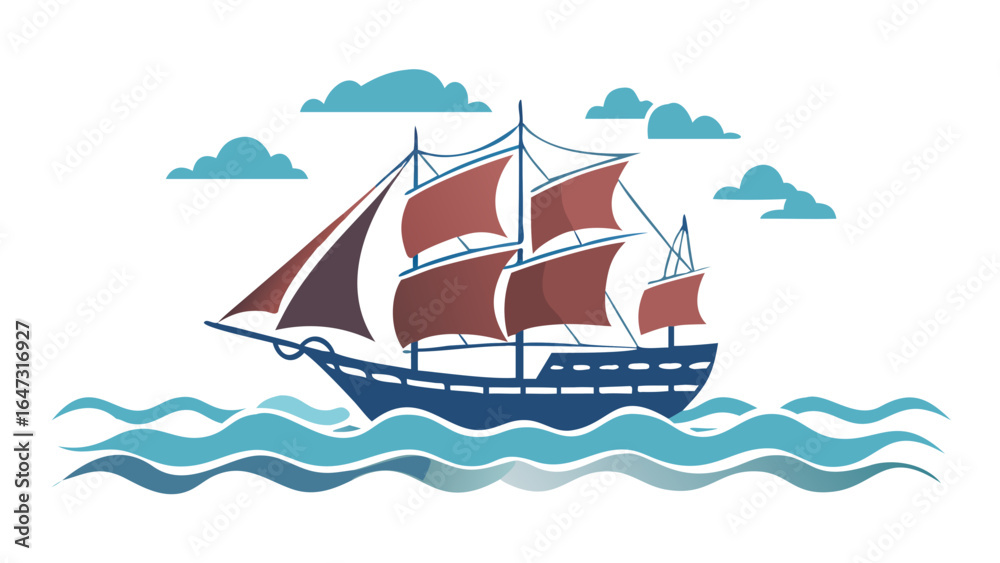 Fototapeta premium A sailing ship, dark hull, red sails, on wavy sea, under clouds. 