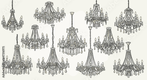 Illustration featuring a collection of ornate chandeliers with intricate details and varying designs
