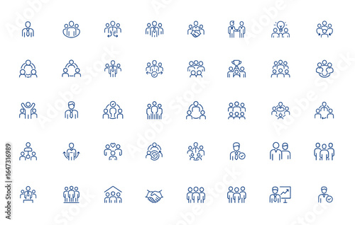 Teamwork and business cooperation icon with businessman symbol. Editable stroke vector illustration for corporate, collaboration, partnership, leadership, group, success, strategy and more.