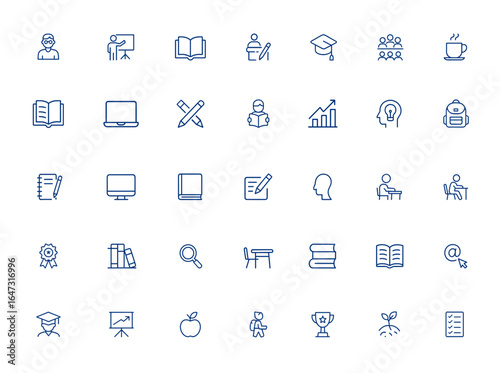 Editable study and learning icon set with student, training, reading, classroom, graduation, notebook, textbook, personal computer, stationary, effort, growth, vector illustration and more.