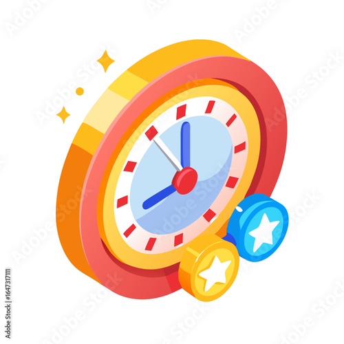 Colorful clock with stars, symbolizing time and reward.
