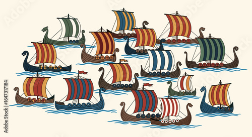 Illustration of a fleet of viking longships sailing on a wavy blue sea with colorful striped sails