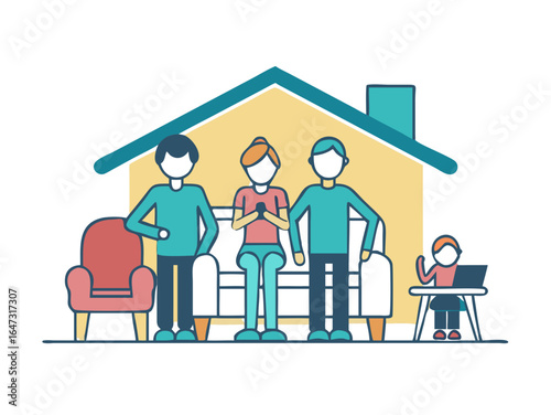 Family gathered at home, using technology.
