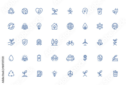 Sustainability and ecology icon pack, nature and environment symbols, editable stroke vector illustration, recycle concept, green energy, conservation, eco-friendly, organic, bio and more.
